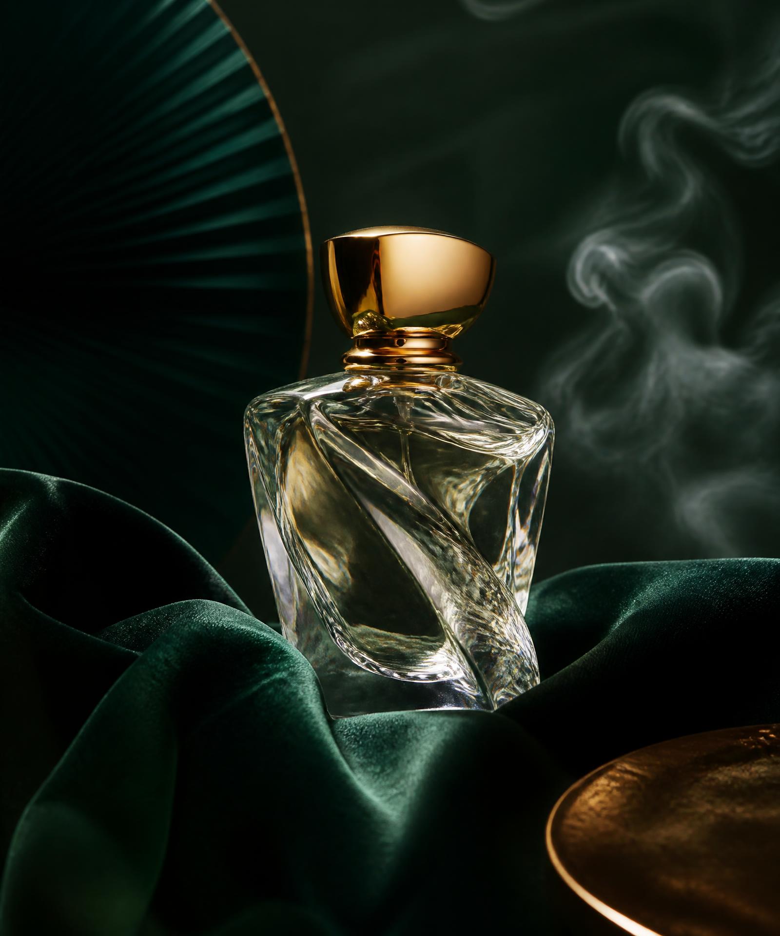 YNNOS fragrance bottle resting on deep emerald silk